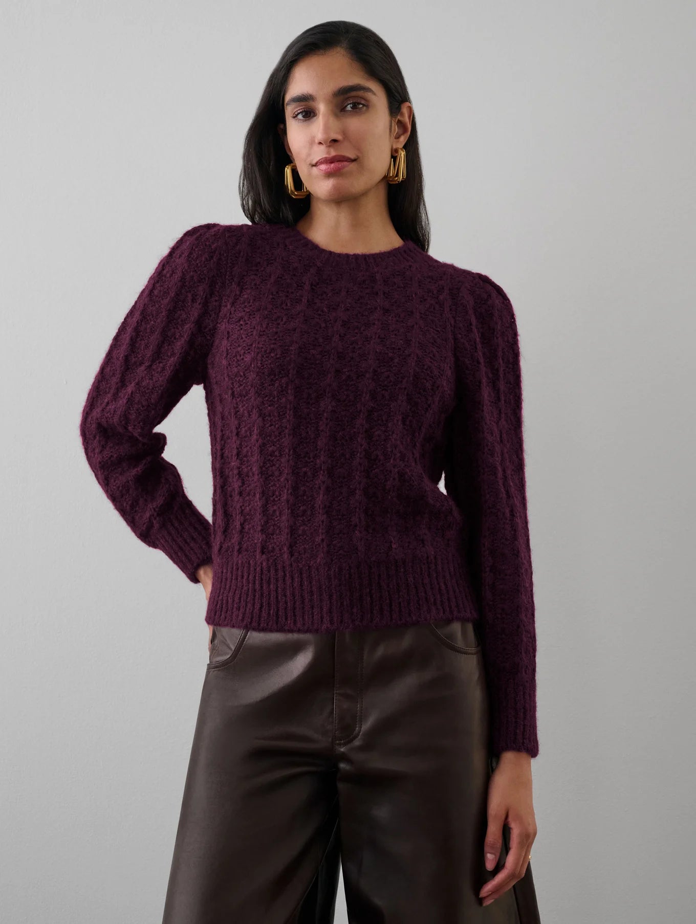 Billie Boutique White+Warren - Plush alpaca blend pointelle puff sleeve crewneck black cherry