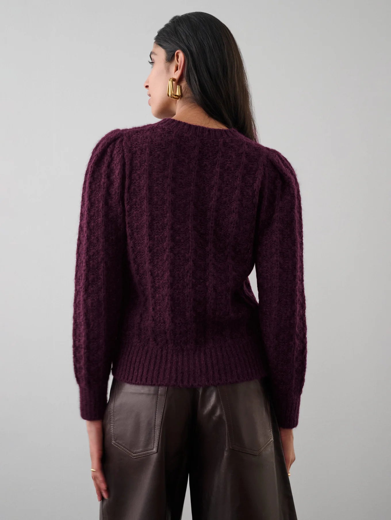 Billie Boutique White+Warren - Plush alpaca blend pointelle puff sleeve crewneck black cherry