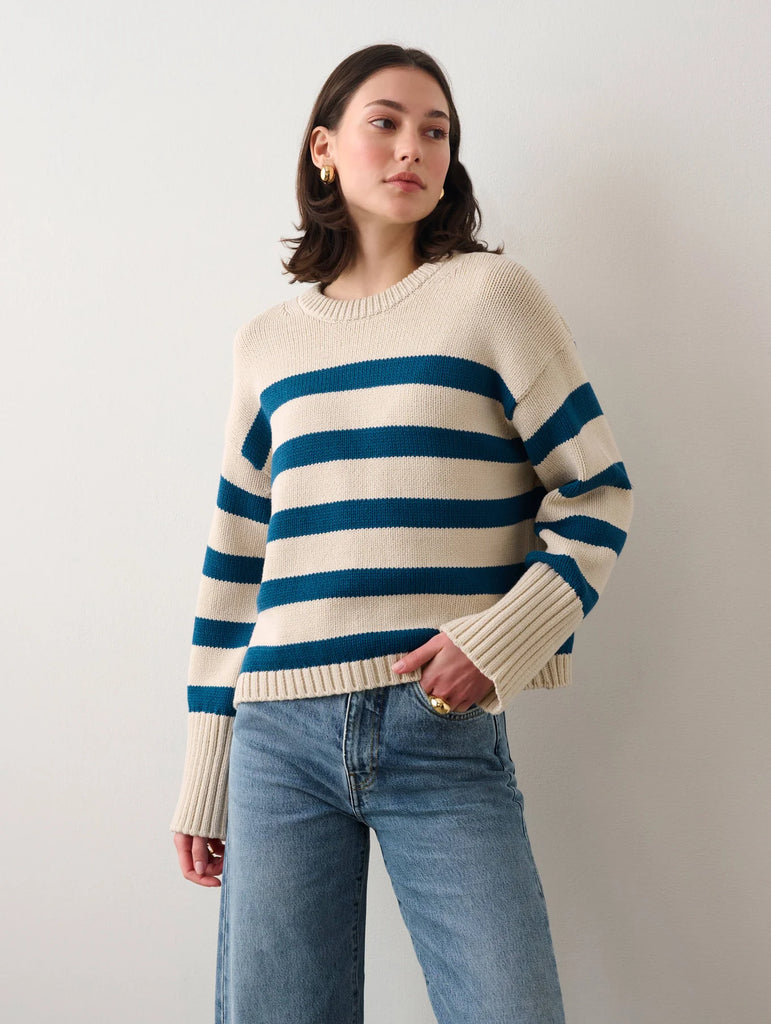 Billie Boutique White + Warren - Core Spun Coton Striped Crewneck natural blue