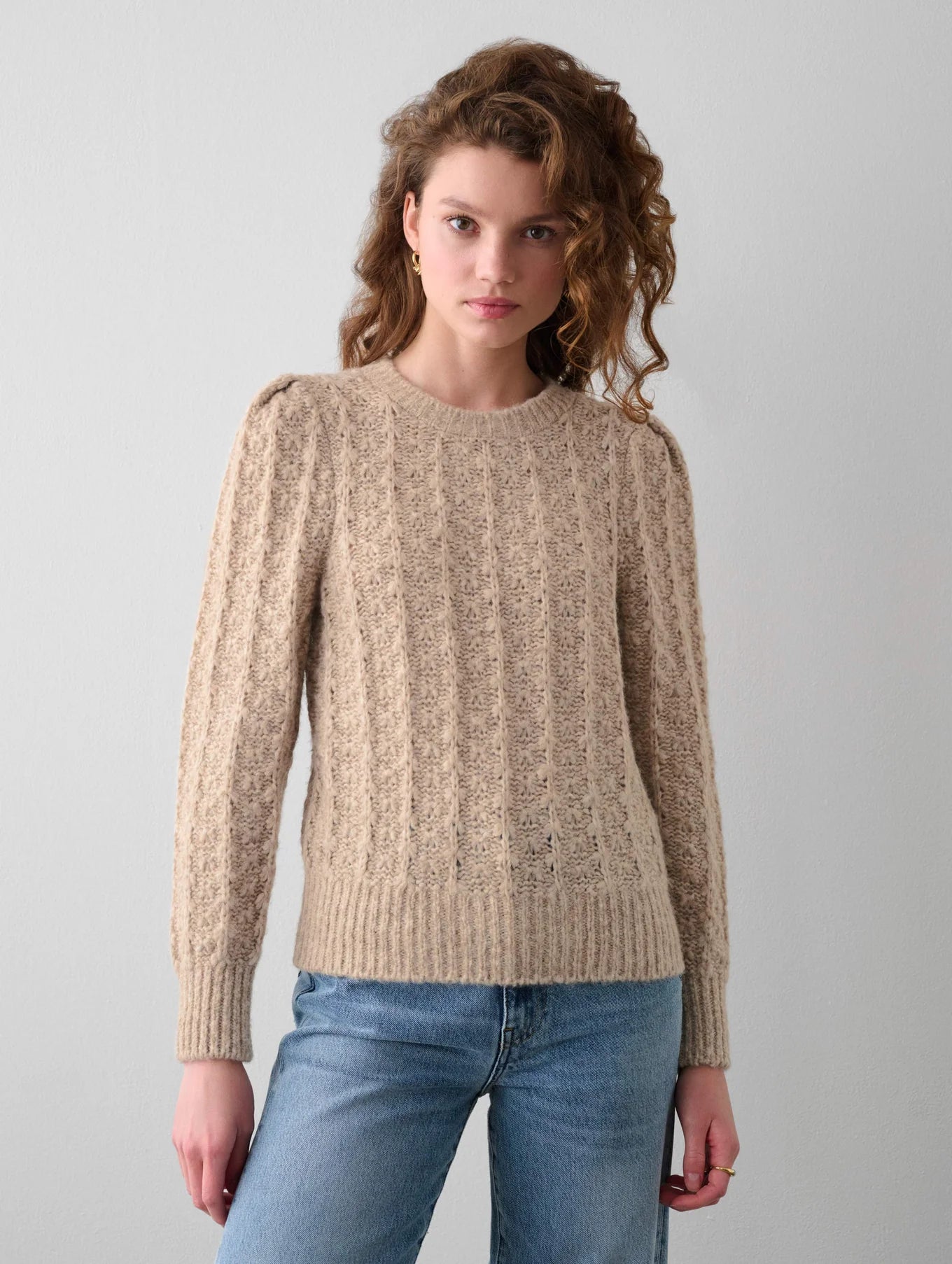 Billie Boutique White+Warren - Plush alpaca blend pointelle puff sleeve crewneck oat straw