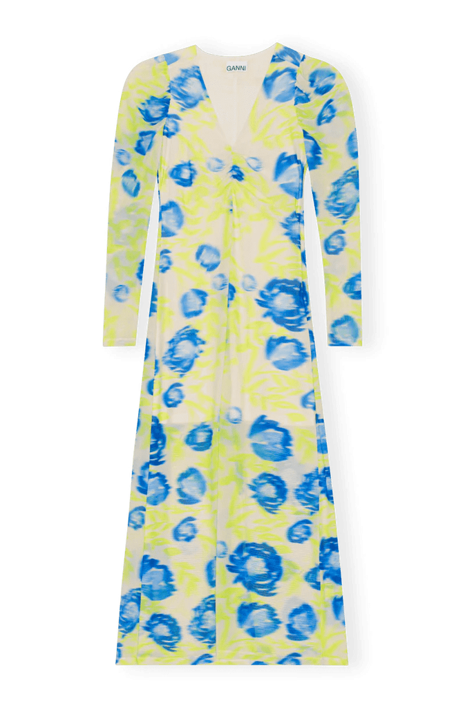 Billie Boutique - Ganni - Printed Mesh V-neck Long Dress Strong Blue