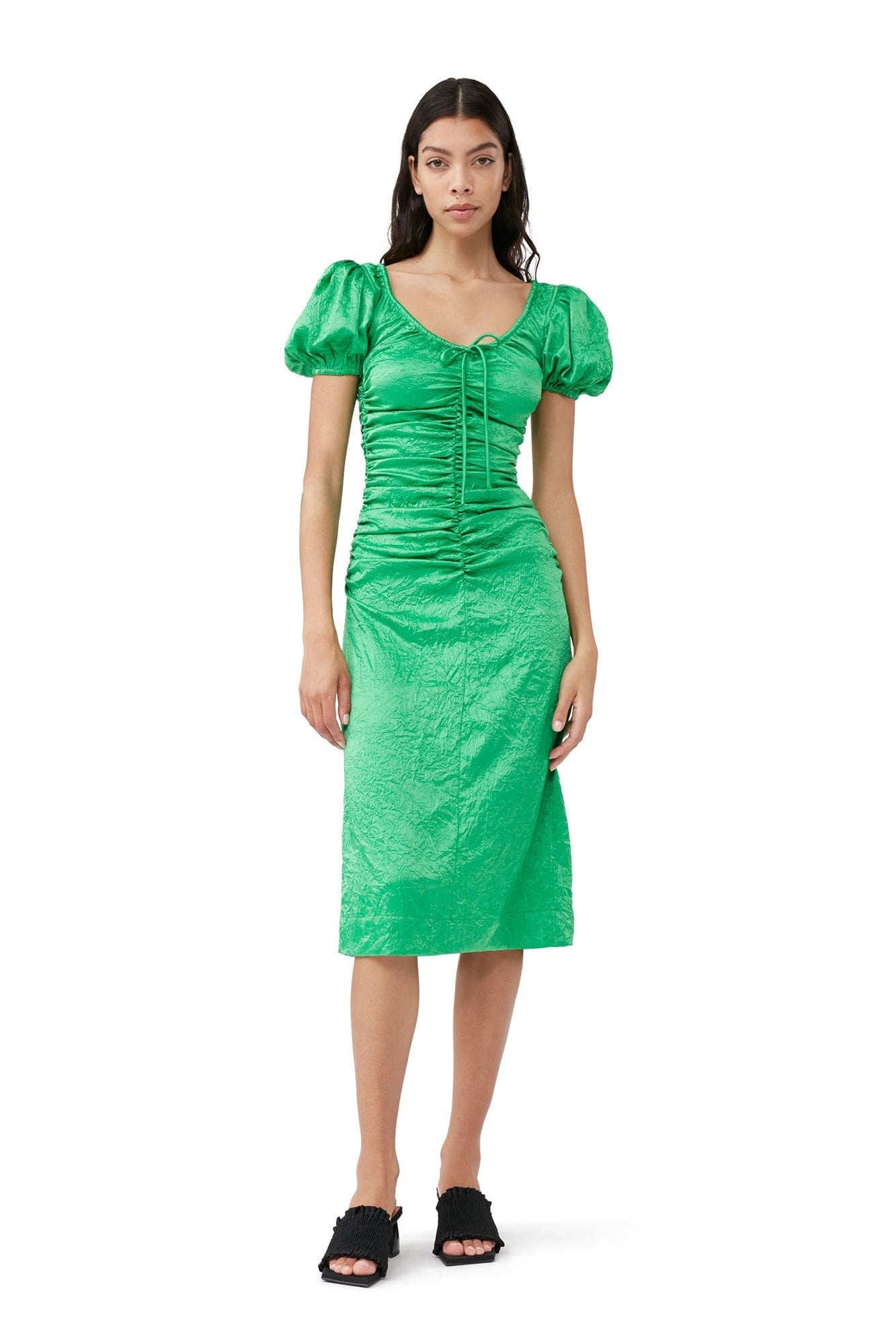 Billie Boutique - Ganni - Crinkled Satin Gathered U-neck Midi Dress Bright Green