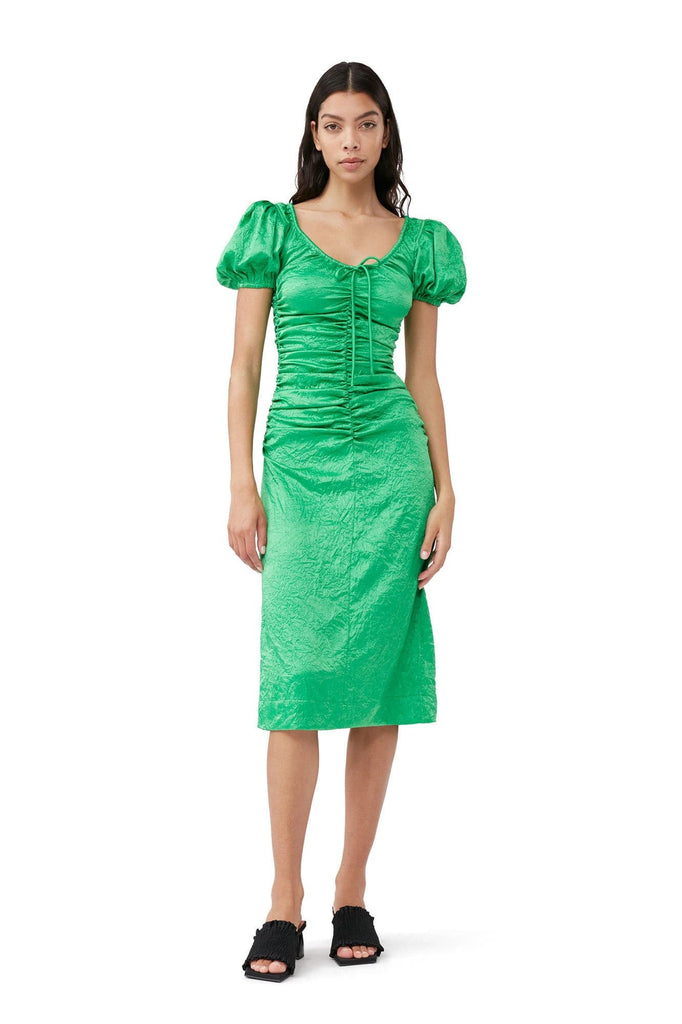 Billie Boutique - Ganni - Crinkled Satin Gathered U-neck Midi Dress Bright Green