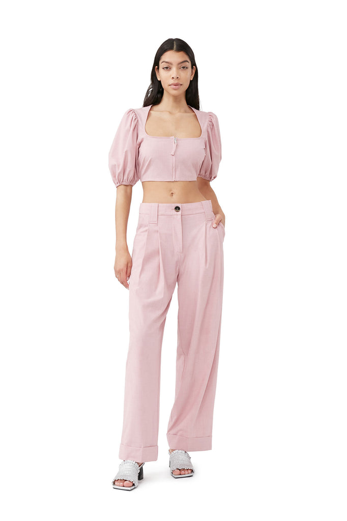 ganni drapey melange cropped zipper blouse pink tulle