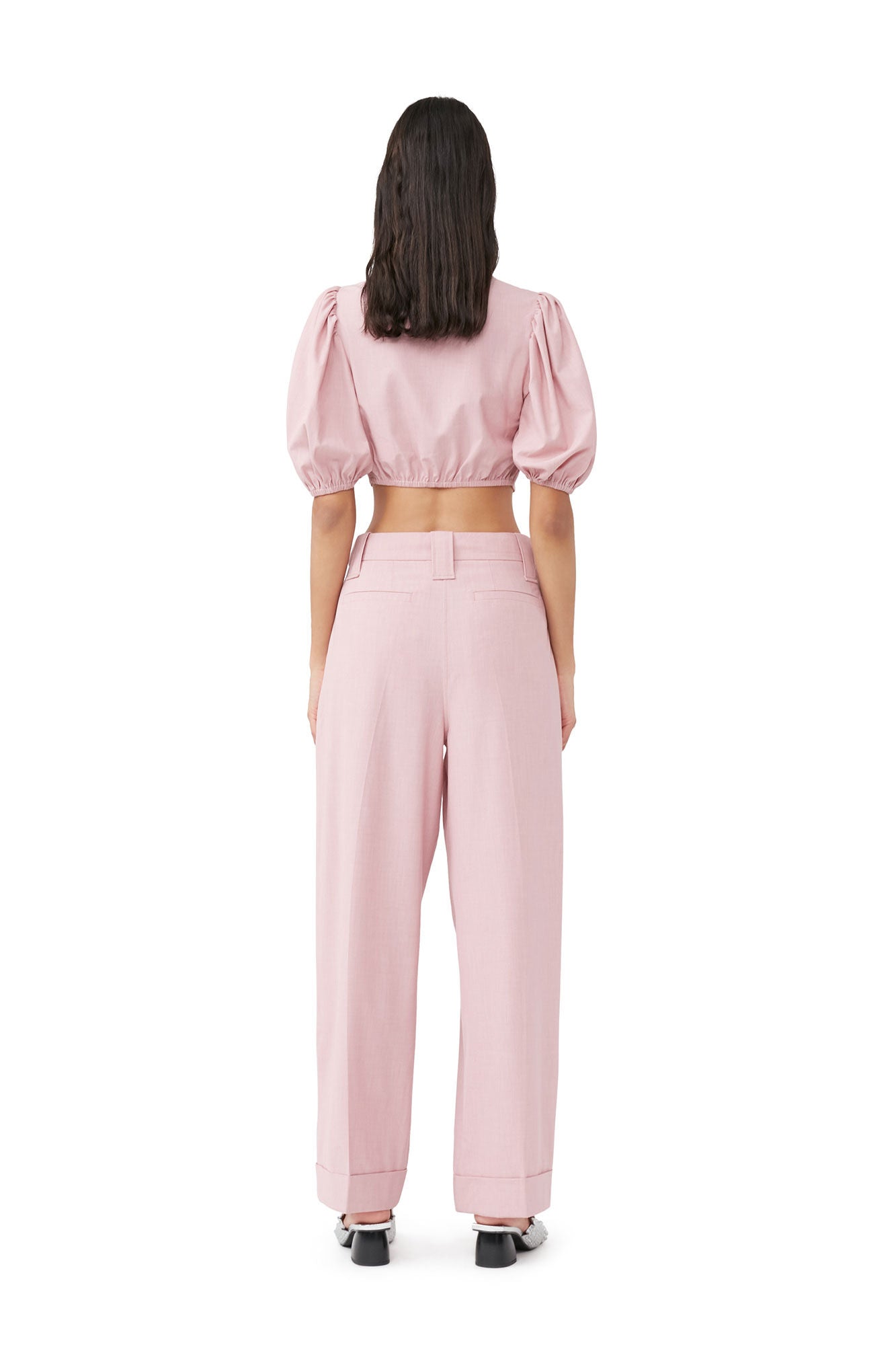 ganni drapey melange cropped zipper blouse pink tulle