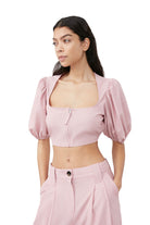 ganni drapey melange cropped zipper blouse pink tulle