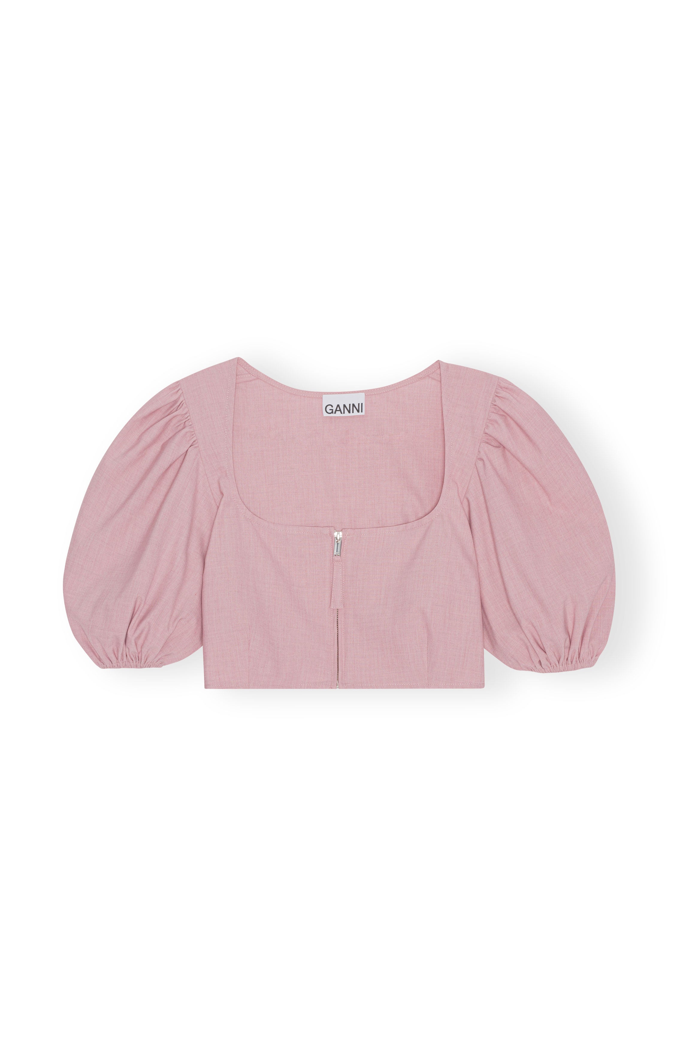 ganni drapey melange cropped zipper blouse pink tulle