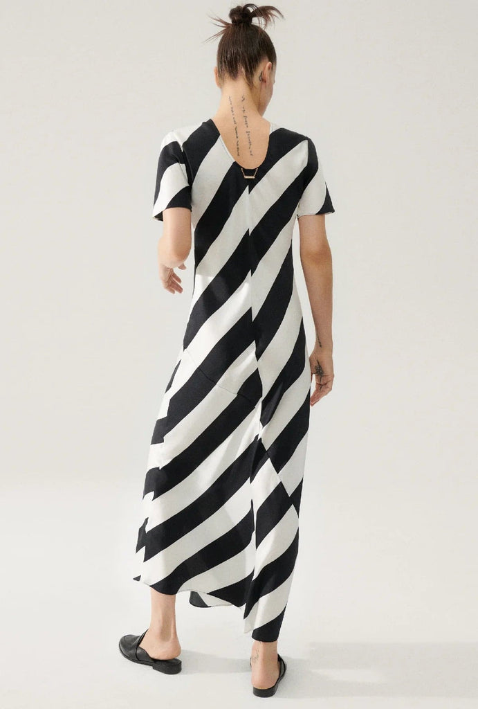 Billie Boutique Silk Laundry - Short Sleeve Bias Dress Black Stripe Puffin Stripe